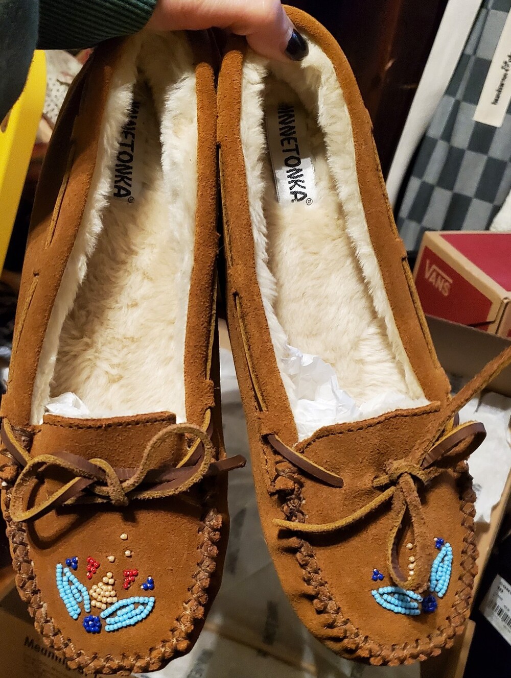 Minnetonka Tan Suede Moccasins with Blue Beaded Dragonfly Accent